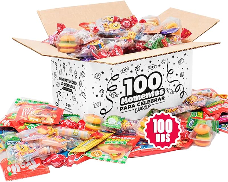 Embale 100 peças de doces e gomas variadas, 10 variedades embaladas individualmente. Sem glúten. Caixa de Doces de Halloween Ideal, Recheio de Piñata, Festas Infantis e Presente de Aniversário