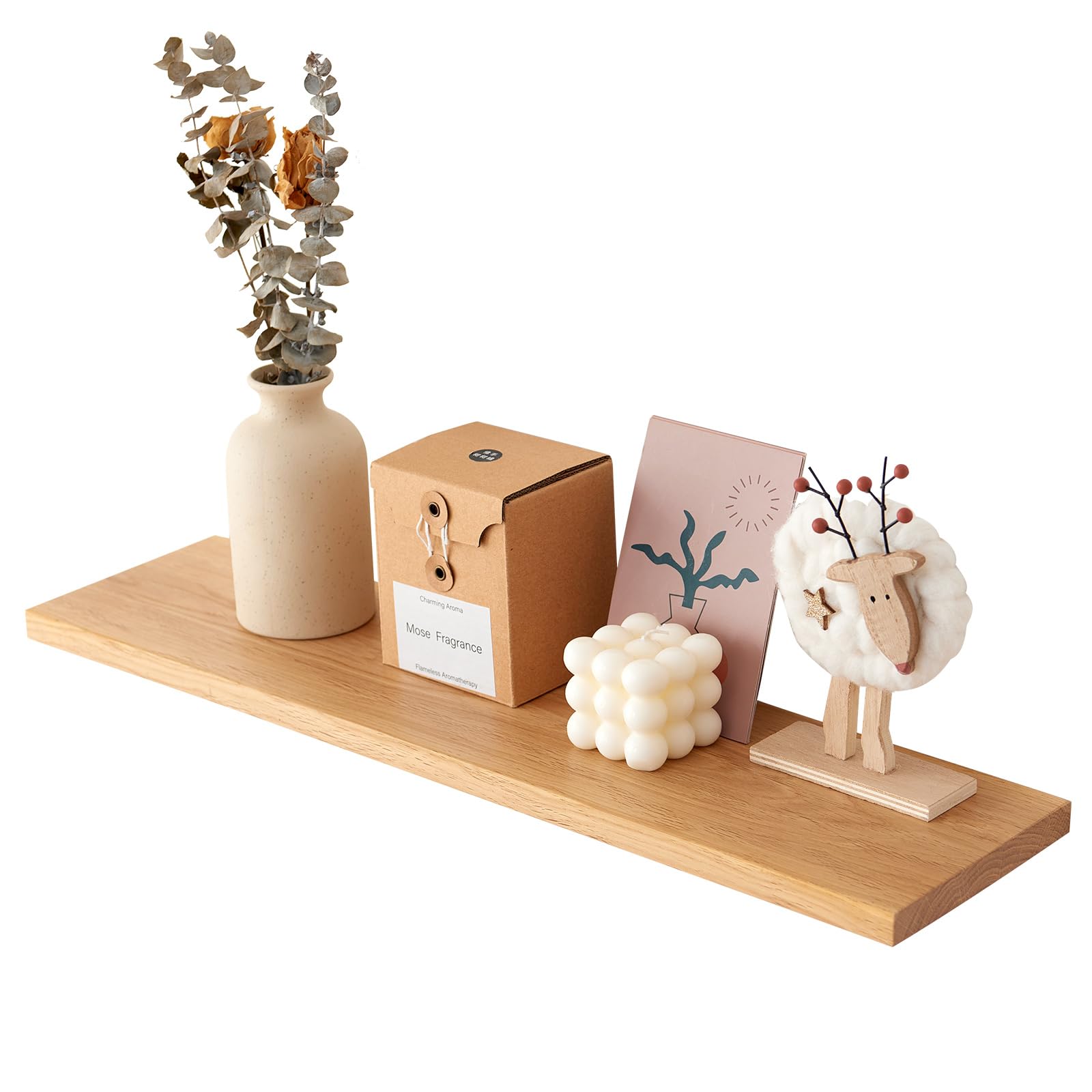 TREOAKWIS Wooden Floating Shelf, Oak Wall Shelf Rustic Floating Solid Wood Bookshelf Wall Mounted Display for Magazine Living Room Bathroom Bedroom Decor (40 CM)