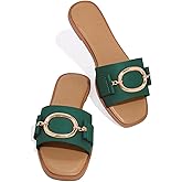 Coutgo Womens Square Toe Dressy Summer Slide Sandals Flat Low Heel Big Metal Chain Slip On Party Slippers Shoes