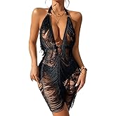 ITODA Sexy Backless Dress Hanging Neck Tassel Dress See Through Swimsuit Coverup