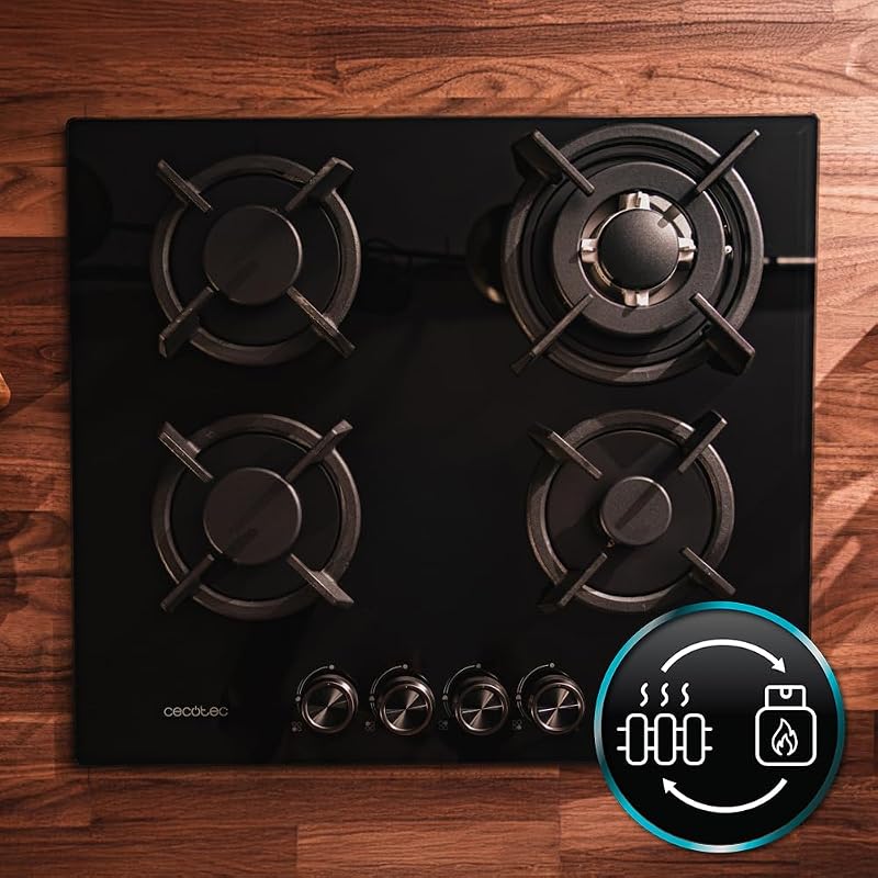 Gaskochfeld Bolero Squad GN 4200S Glass Black, 4 Brenner, 8 kW Leistung, Schwarzes Glas, WOK Triplekorona, Gusseisen Einzelgitter, Elektronische Zündung, Sicherheitsventil und GLP-Umrüstung