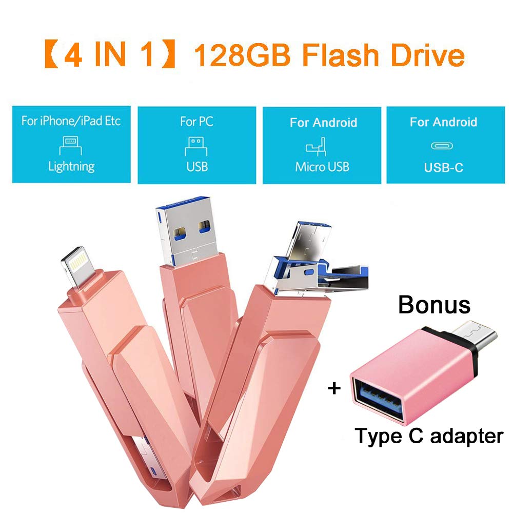 USB Flash Drives for iPhone 128GB 4 in 1 iOS Memory Stick OTG Jump Drive Thumb Drives External Micro USB Memory Storage Drive for iOS, Android, PC (Pink)