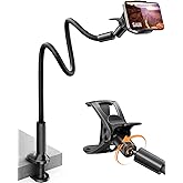 SAIJI Gooseneck Phone Holder for Bed Overall Length 38.6” Flexible Leather Wrapped Arm Overhead Cell Phone Mount Stand with 360° Adjustable Clamp Clip, Compatible with All 4-7” Cellphones (Black)