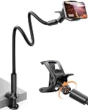 SAIJI Gooseneck Phone Holder for Bed Overall Length 38.6” Flexible Leather Wrapped Arm Overhead Cell Phone Mount Stand with 360° Adjustable Clamp Clip, Compatible with All 4-7” Cellphones (Black)