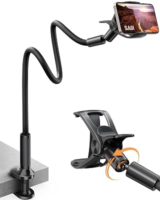 SAIJI Gooseneck Phone Holder for Bed Overall Length 38.6” Flexible Leather Wrapped Arm Overhead Cell Phone Mount Stand with 360° Adjustable Clamp Clip, Compatible with All 4-7” Cellphones (Black)