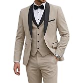 YND Men's 3 Piece Tuxedo Set with Tie, Shawl Lapel Suit Blazer Vest Pants | Black Suit for Men, Black Collar, Real Pockets, Premium Fabric, Ideal for Wedding Party Proms Dinners, Fathers and Husbands