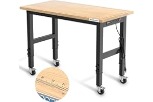 LARBANKE 48" Heavy-Duty Adjustable Workbench with Brake Wheels,Hardwood Worktable Weight Capacity Over 2000 Lbs,Rubber Wood Workbench has Adjustable 5 Different Heights,for Workshop,Garage,Office,Home