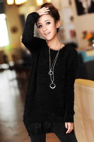 Amazon レースもこもこニットセーター 黒 セーター 通販