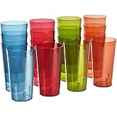 US Acrylic Cafe Plastic Reusable Tumblers (Set of 16) 20-ounce Water Cups Assorted Colors | Restaurant Style Drinking Glasses Value Set, Stackable, BPA-free, Made in the USA | Top-rack Dishwasher Safe