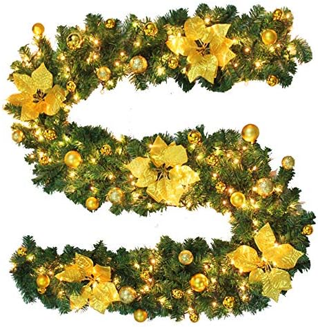 Elfishjp クリスマス 飾り ガーランド クリスマスリース モール ライト付き 電池式 クリスマスボール クリスマスツリー おしゃれ オーナメント クリスマスガーランド クリスマス用品 玄関 ドア 窓 パーティー装飾藤 ゴールド