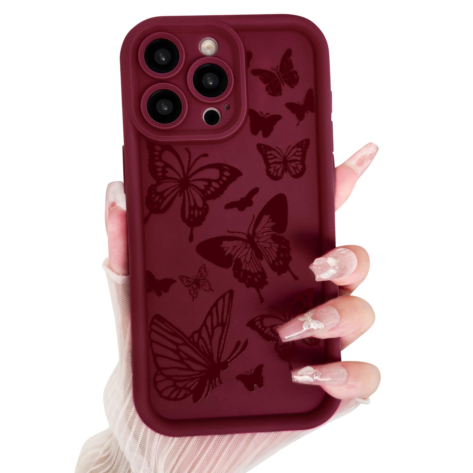 Lovmooful Compatible for iPhone 14 Pro Case Cute Colorful Butterfly Design for Girls Women Soft TPU More Shockproof Protective Girly for iPhone 14 Pro Case-Wine Red