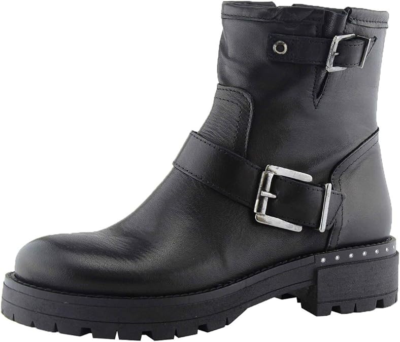 Genuine Leather Biker Ankle Boots with Buckles and Rubber Sole Women