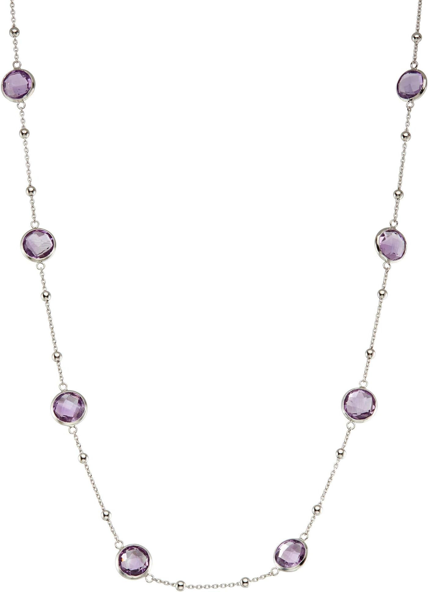925 Sterling Silver Round Small Stations with Multi-Tonal Bezel Gemstones Chain Necklace, 16"