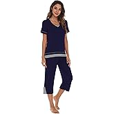 WiWi Bamboo Viscose Pajamas Set for Women Soft Sleepwear Loose comfy Short Tops with Capri Pants Pjs Loungewear S-XXL