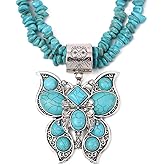 OIDIMS Turquoise Butterfly Layered Necklace for Women Irregular Stone Turquoise Necklace Pendant Choker Antique Native Western Jewelry Bohemian Birthday Summer Holiday Jewelry Gift for Her