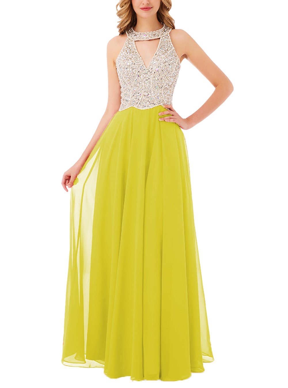 Fitty Lell Women's A Line Chiffon with Beading Prom Gown Evening Dress Bridesmaid Dress(US10,Yellow)