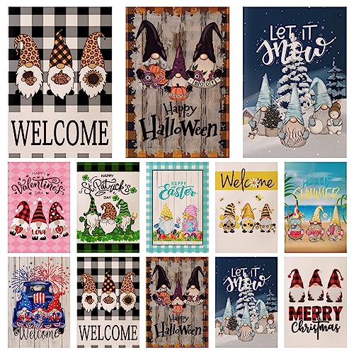 Set of 10 Gnome Seasonal Garden Flags, Doubleside Printed Festival