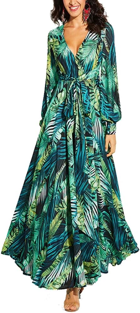 Women's V Neck Long Sleeve Elegant Vintage Casual Maxi Dress Printed Cocktail Prom Gown High Waist Dress Summer Baggy Beach Sleeveless Skirt