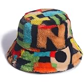 PURFANREE Women's Colorful Letter Print Faux Fur Bucket Hat Warm Fuzzy Fluffy Winter Warmer Fisherman Cap