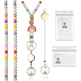 Retractable Badge Lanyard for Women, Beaded Teacher Lanyard with Badge Reel and ID Holder, Cute Natural Wooden Beaded for Key