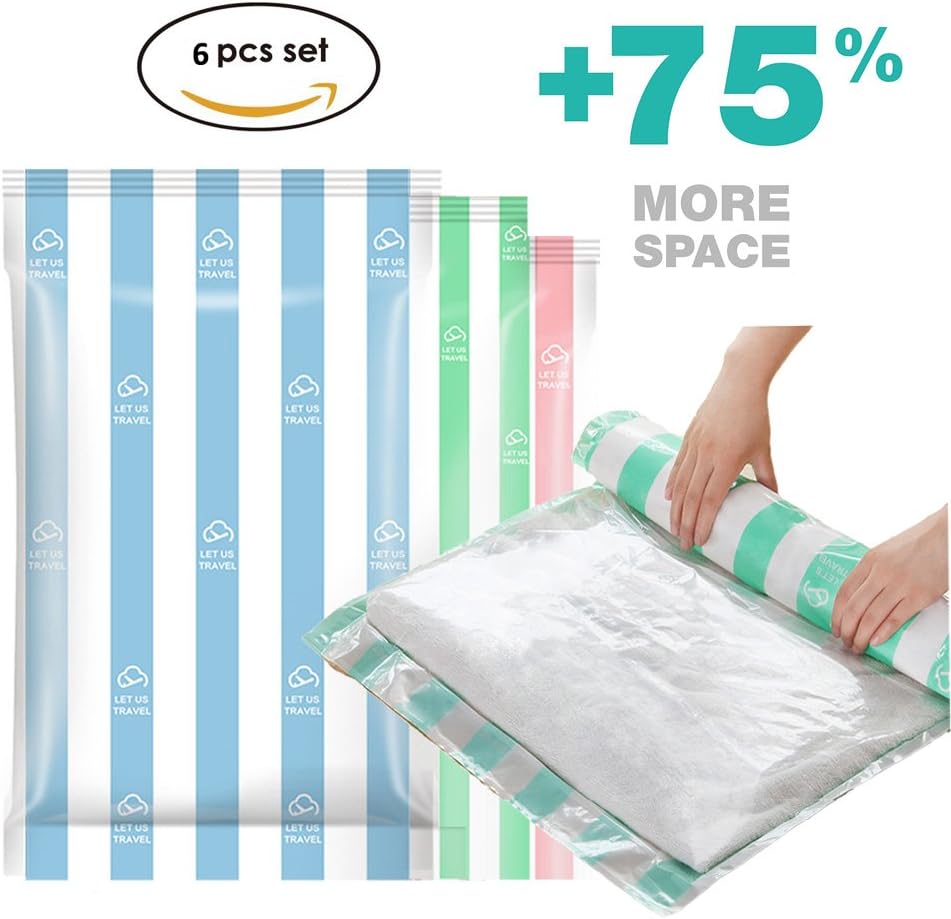 Maplewel Travel Space Saver Bags (6 Pack), No Vacuum or Pump Needed Reusable, Roll-Up Compression Storage Packing Organizers. Perfect for Travel and Home Storage