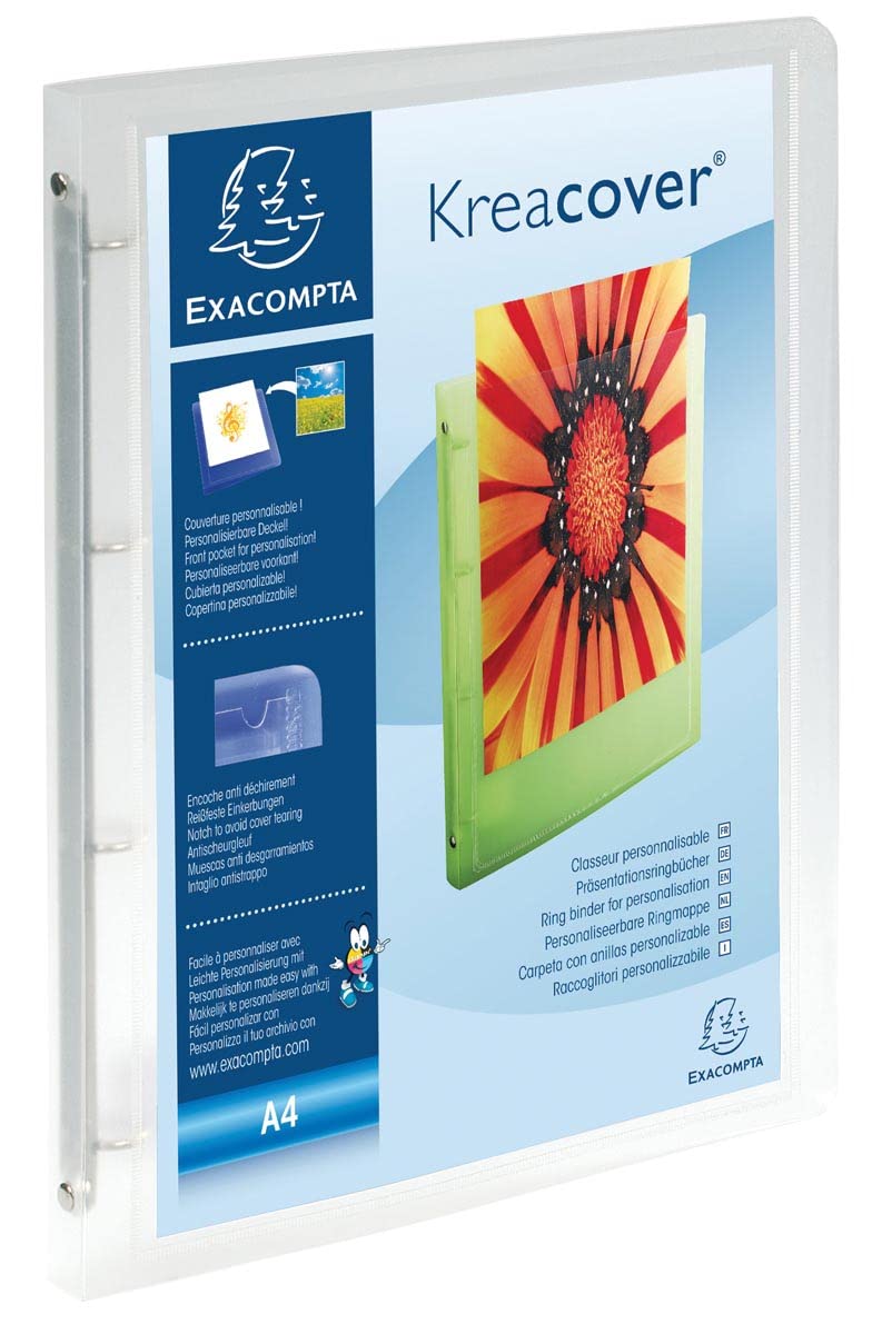 Exacompta - ref. 51568E - 1 customizable rigid PP binder with 1 pocket - 4 round rings, 30 mm diameter - External dimensions: 32 x 26.8 cm - A4 Maxi file format - Colour: colorless