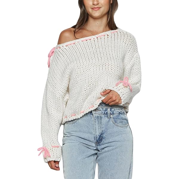 Women One Shoulder Sweater Lace Up Long Sleeve Knitted