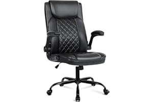 Executive Office Chair, Black Faux Leather, High Back with Quilted Design, Flip-Up Armrests, Adjustable Height