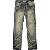 SHION7 Men's Relaxed Jeans, Straight Leg Slim Denim Pants, Patched Denim Trousers
