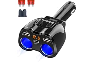 SUPERONE 2 Socket Cigarette Lighter Splitter 12/24V 80W Dual USB Type-C Adapter Independent Switch LED Voltage Display Replaceable 10A Fuse Compatible Cell Phone GPS Dash Cam