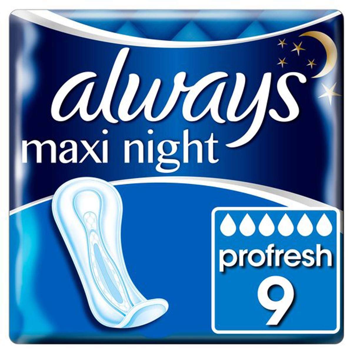 Always Maxi Night Pads, 9 Count (Pack of 1), Unscented, Fragrance Free, Extra Heavy Absorbency, Overnight Pad, Menstrual Pad