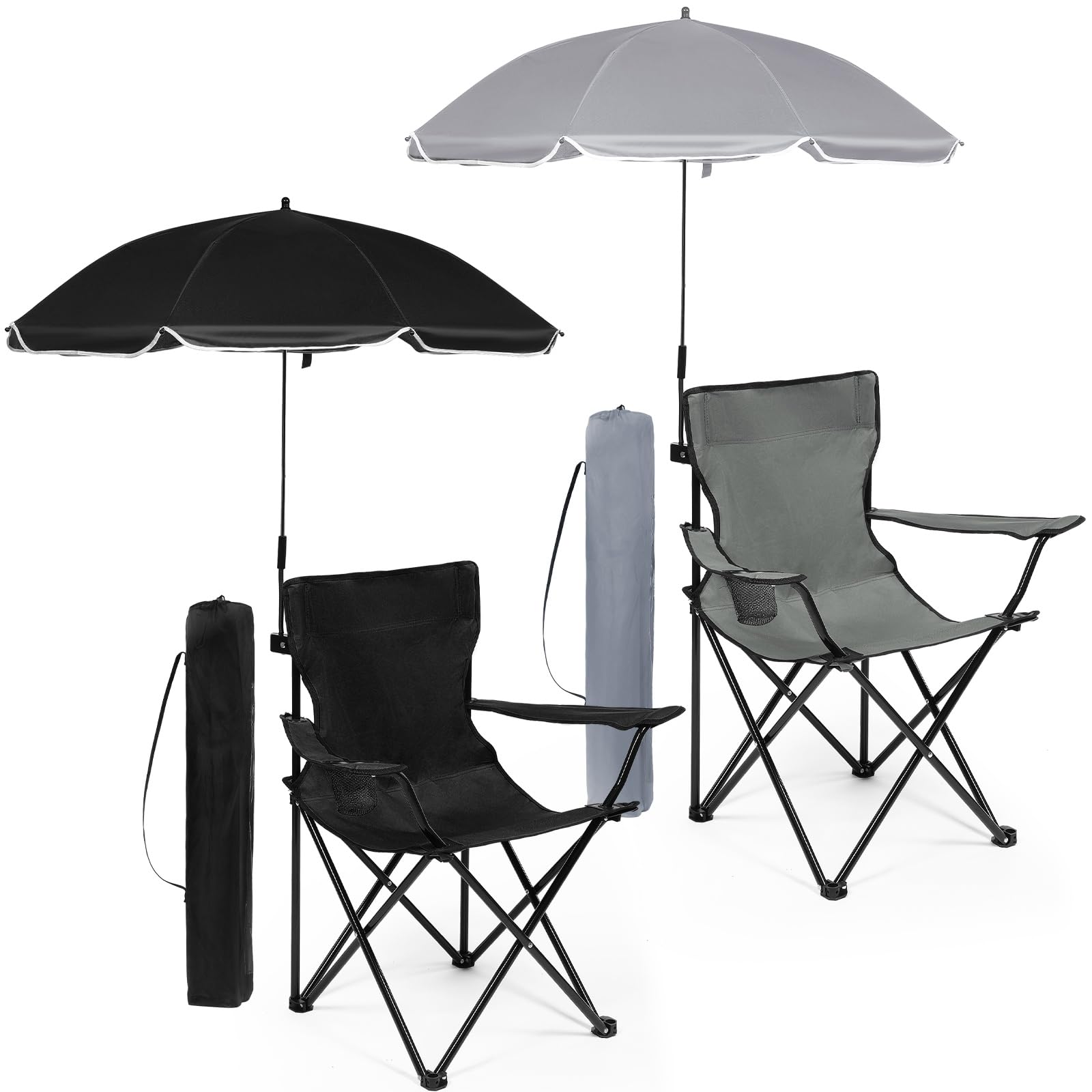 Photo 1 of ***(MISSING UMBRELLAS)***Anglechic 2 Pack Beach Umbrella Chairs Folding Camping Portable Beach Chairs with Canopy Shade Adults with Cup Holder and Carrying Bag for Camping Hiking Travel Picnic Outdoor Events (Black and Grey)