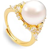 Aura & Irena 18K Gold Plated Pearl Rings for Women - Adjustable Statement Cocktail Rings, Non-Tarnish 3A Cubic Zirconia Hypoallergenic Gift