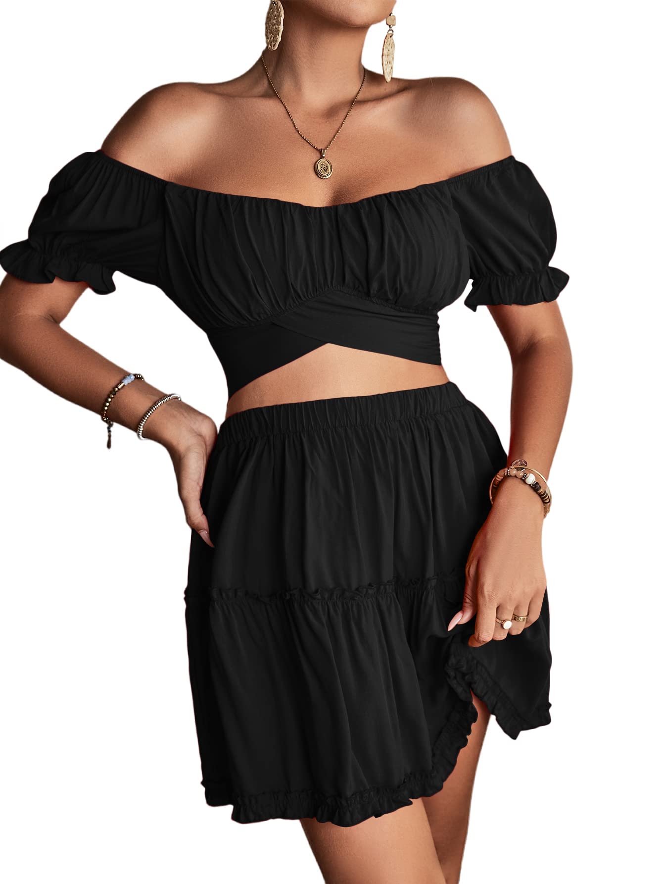 Photo 1 of ***MISSING TOP*** LYANER Women's 2 Piece Outfits Off Shoulder Tie Up Back Crop Top and Mini Skirt Set #Black X-Large