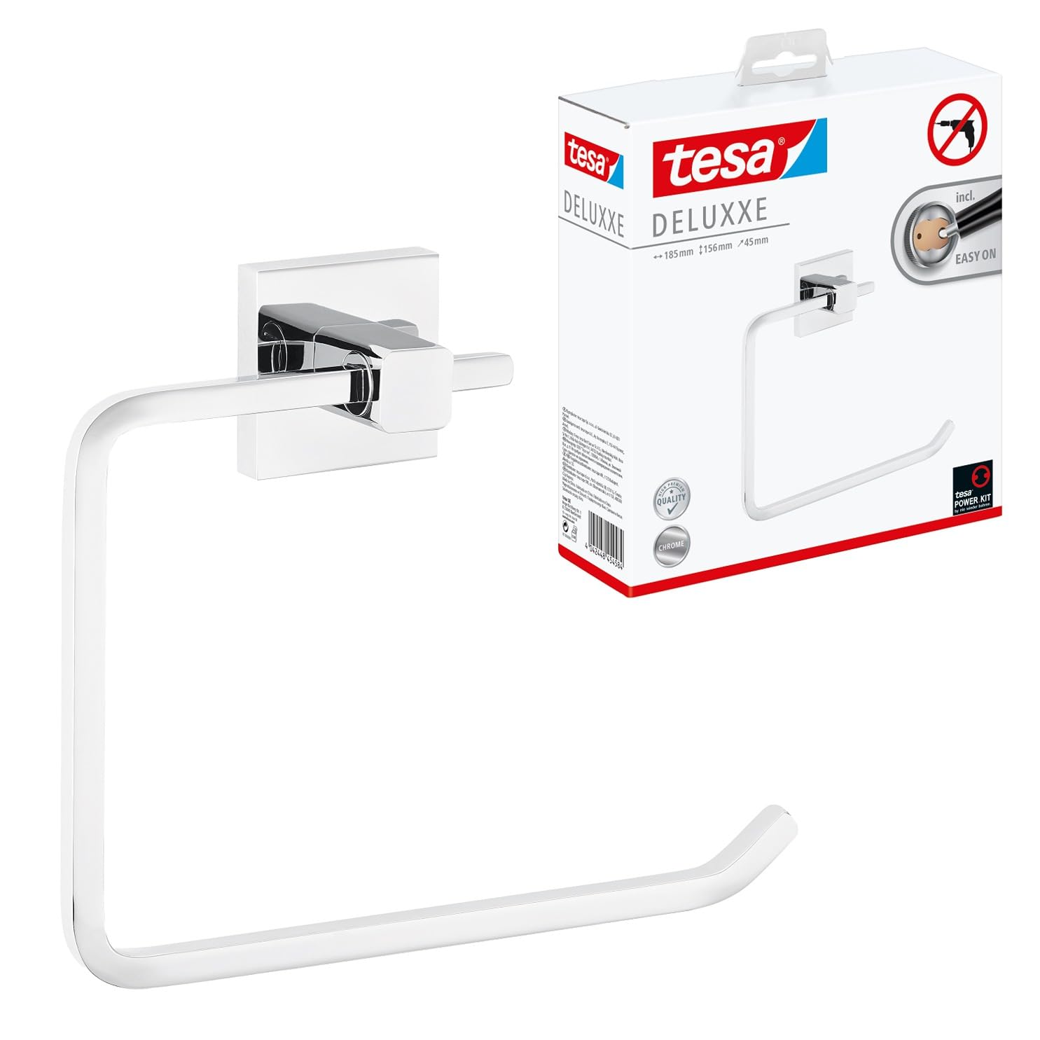 tesa DELUXXE Towel Ring - Self-Adhesive Hand Towel Ring in Stainless-Steel Design - Wall-Mounted Towel Holder - waterproof, incl. Power.Kit Adhesive Solution - 154 mm x 185 mm x 45 mm