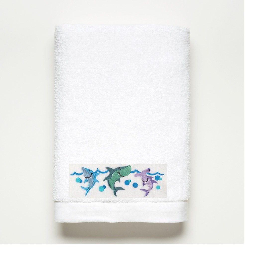 3 LITTLE SHARKS ~ Embroidered Bath Towel ~ 100% Cotton