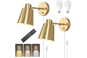 VATONI Plug in Wall Sconces with Remote Control, Adjustable Color Temperature 2700K-6000K and Dimmable Wall Sconces Gold Wall Lights with Plug in Cord for Bedroom Bedside Stairway(2 Pack, 2 Bulbs)
