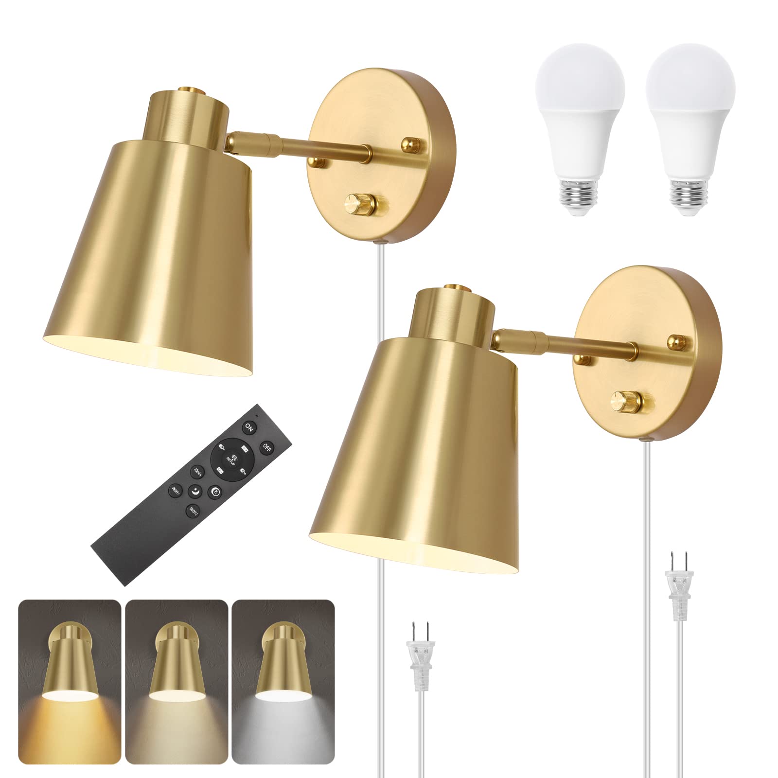 Photo 1 of VATONI Plug in Wall Sconces with Remote Control, Adjustable Color Temperature 2700K-6000K and Dimmable Wall Sconces Gold Wall Lights with Plug in Cord for Bedroom Bedside Stairway(2 Pack, 2 Bulbs)