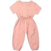 Mubineo Toddler Baby Girl Summer Fall Basic Plain Short Sleeve Cotton Linen Drawstring Romper Jumpsuit
