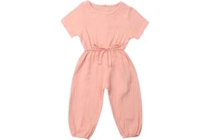 Mubineo Toddler Baby Girl Summer Fall Basic Plain Short Sleeve Cotton Linen Drawstring Romper Jumpsuit