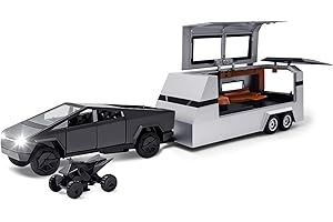 QETUPA Cybertruck Model: 1/24 Diecast Metal Pick-Up Truck Trailer Toy with Motorcycle with Lights and Sounds for Boys, Ages 3 and Up (Gray, Pickup Trailer with RV)