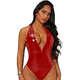 WDIRARA Women's Deep V Neck Sleeveless PU Leather Skinny Bodysuit Halter Top