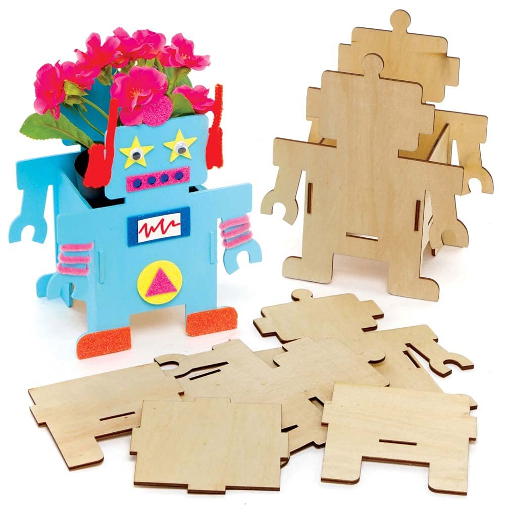 Baker Ross FE378 Robot Wooden Flowerpot Craft Kits - Pack of 3, Make Your Own Flower Pot, Planting Pots for Children to Decorate, Creative Activities for Kids