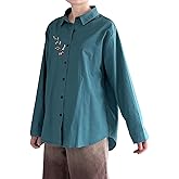Minibee Women's Button Down Shirts Cotton Linen Long Sleeve Collared Casual Blouses Embroidered Tunic Tops