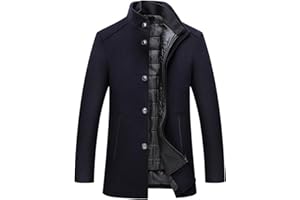 Mens Winter Wool Coat Single Breasted Peacoat Jackets Warm Thicken Pea Coats Slim Fit Trench Coats with Vest 2 Pack