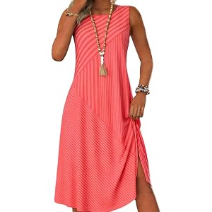 Beessbest Womens Summer Dresses Loose Crew Neck Dress Sleeveless Midi Dress Striped Color Block Dresses A-line Tank Sundress