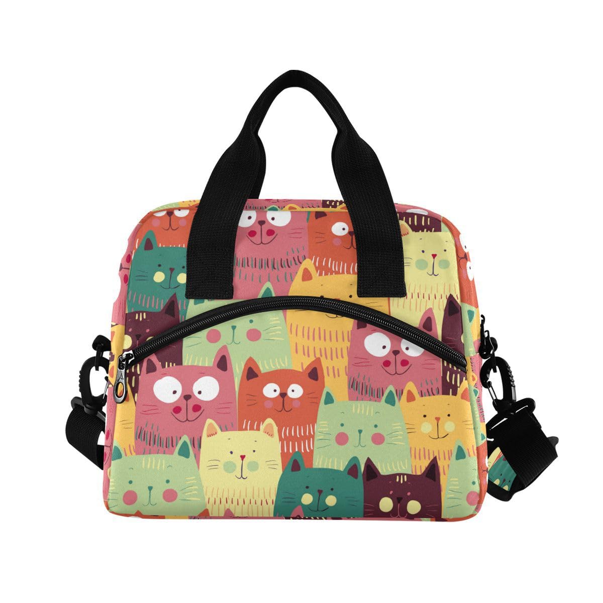 ALAZA Lunch Bags for Women Girls Boys, Cute Cats Colorful Pattern Insulated Lunch Box with Shoulder Straps and Handle, Crossbody Tote Lunch Bag for School Office