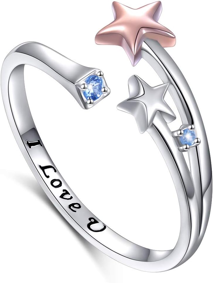 YinShan Sterling Silver Star Ring for Women Adjustable Open Rings Rose Gold Cubic Zirconia Dainty Jewelry Engrave I Love You Gift for Girlfriend