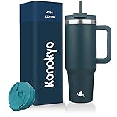 Konokyo 40 oz Tumbler with Handle and 2 Straws,2 in 1 Lid Insulated Water Bottle Stainless Steel Travel Coffee Mug,Navy blue