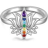 Chakra Ring Lotus Rings for Women Yoga Chakra Crystal Sterling Silver Lotus Flower Energy Balance Chakras Jewelry Meditation Anxiety Relief
